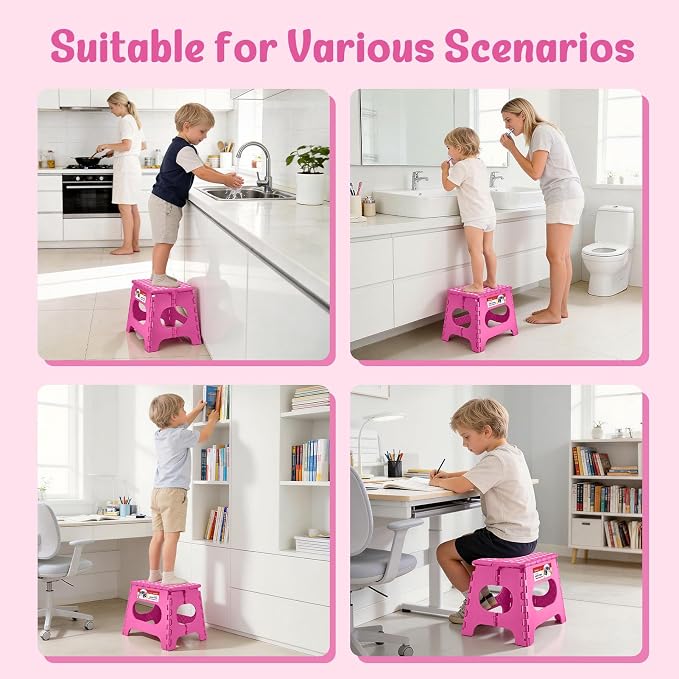 11" Folding Step Stool for Kids and Adults, Holds 300 lb, Rose red | Heavy Duty Collapsible Foot Stool, Lightweight with Built-in Handle, Non-Slip for Adults Kitchen Bathroom Bedroom Outdoor