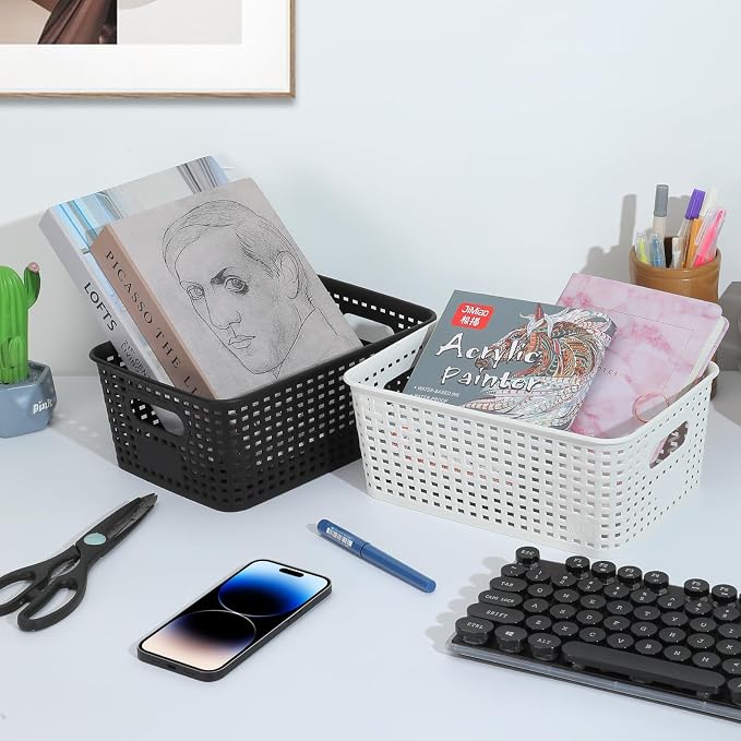 Plastic Storage Baskets 6 Pack Sturdy Storage Organizer Basket Woven Plastic Storage Bins for Shelves,Closet,Countertops, Desktops, Cabinets and Badrooms,Saving Storage, Stylish Design,White