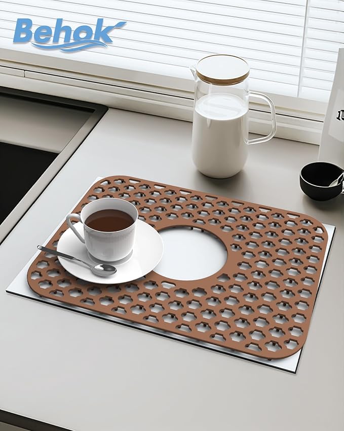 Silicone Sink Protector Kitchen Sink Mat 2 Pack 13.58"x 11.6" Coffee | Heat-resistant Non-Slip and Durable Silicone Protectors Mat, Center Drain