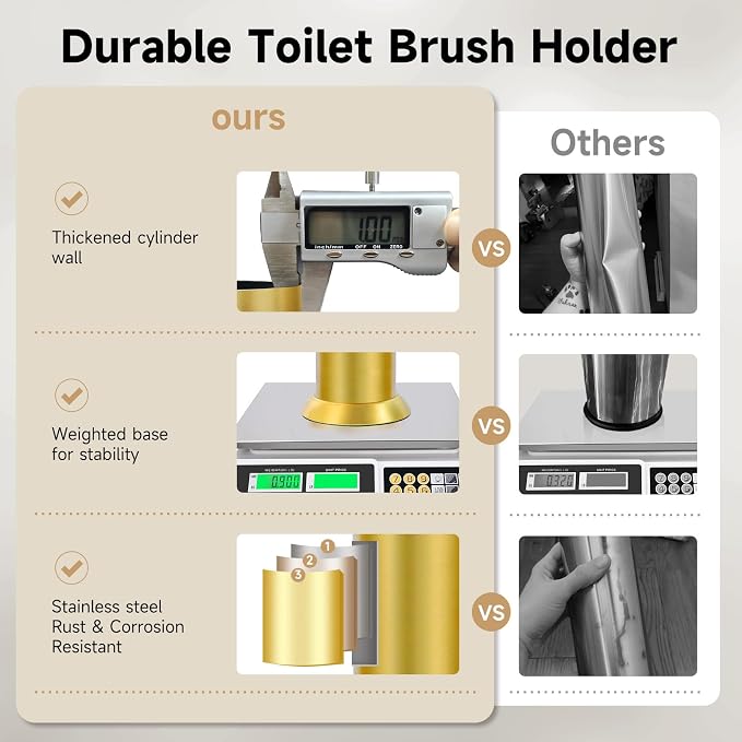 Brass Toilet Brush and Holder，Extra Long Handled Gold Toilet Brush for Bathroom，Stainless Steel Heavy Duty Toilet Bowl Brush,Deep Cleaning Modern Toilet Cleaner Brush -Space Saving, Covered Brush
