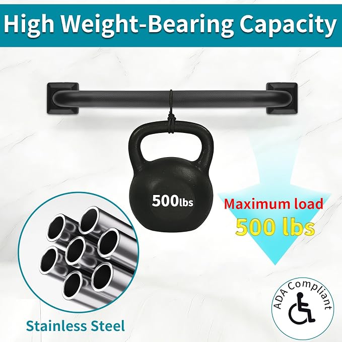 Shower Grab Bars for Seniors, 18 Inch Square Matte Black Bathroom Handle for Wall, Stainless Steel Anti Slip Bathtub Safety Bar, ADA Compliant 500 LBS Hand Rail for Elderly, Handicap
