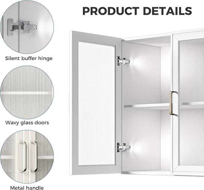 Medicine Wall Cabinet with Acrylic Glass Doors, Kitchen Wall Cabinets with Adjustable Shelf, 24” Laundry Room Wall Mounted Cabinet Set of 2, Bathroom Wall Cabinet with Light(White)