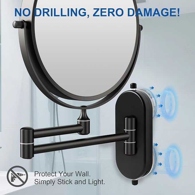 8“ Suction Cup Makeup Mirror Wall Mounted No Drilling, 1X/10X Magnifying Mirror Wall Mounted Makeup Mirror Swing Arm 360° Rotation, Wall Mount Powerful Suction Cup for Bathroom & Shaving Black