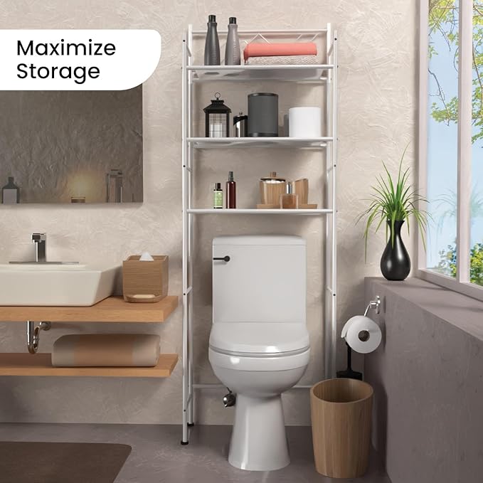 Home Zone Living Over-the-Toilet Bathroom Storage Cabinet Organizer | Freestanding Steel Frame Design with 3-Tier Shelves and Adjustable Feet, White