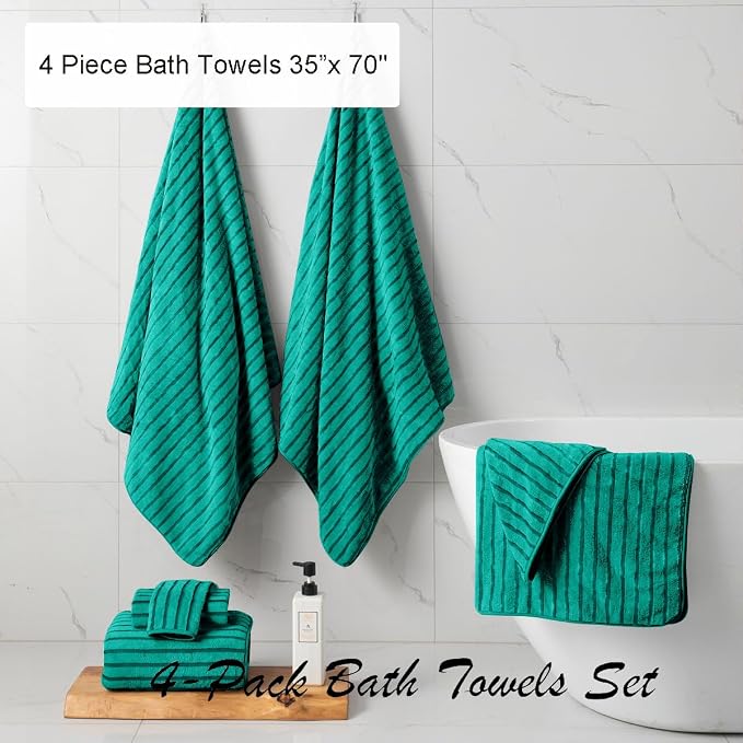 4 Pcs Teal Cabana Stripe Large Bath Sheets Soft Polyester Bathroom Towels | Fluffy oversized towel with hang loops absorbent quilck dry easy replacement family dorm sets for home beach pool gym yoga