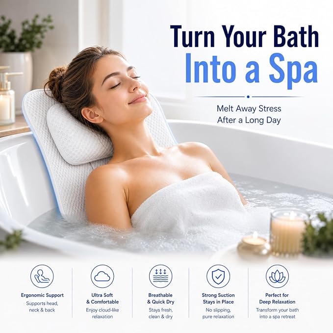 Bath Tub Pillow, Extra Thick Luxury Cushion with Strong Suction Cups for Head, Neck & Back Support, Breathable Spa Pillow for Relaxing Night Bath (White)