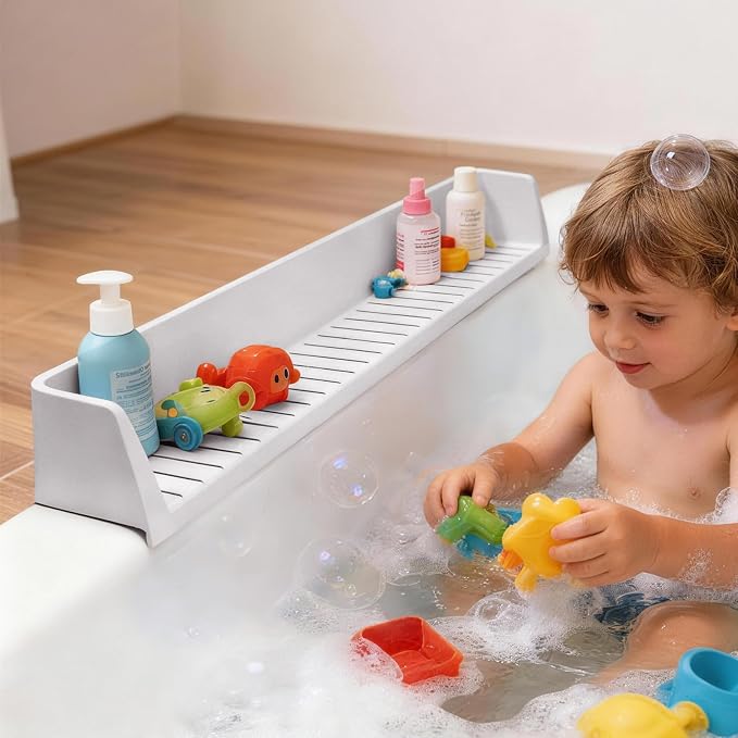 Bathtub Splash Guard for Tub Kids- Silicone Bath Play Shelf | 31" Extra Long Toy Tray & Caddy Holder, Prevent Water Spills & Messy Floors, Tub Edge Guard for Bathroom- Grey