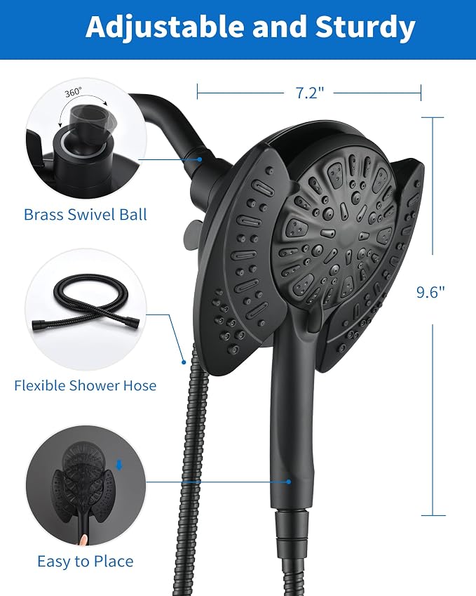 2 in 1 Shower Head with Handheld Combo High Pressure Black 2.5 GPM | 7.2" Rain Showerhead and 9 Spray Hand Held Shower, Adjustable Shower Angle, 59-inch Rotatable Stainless Steel Hose