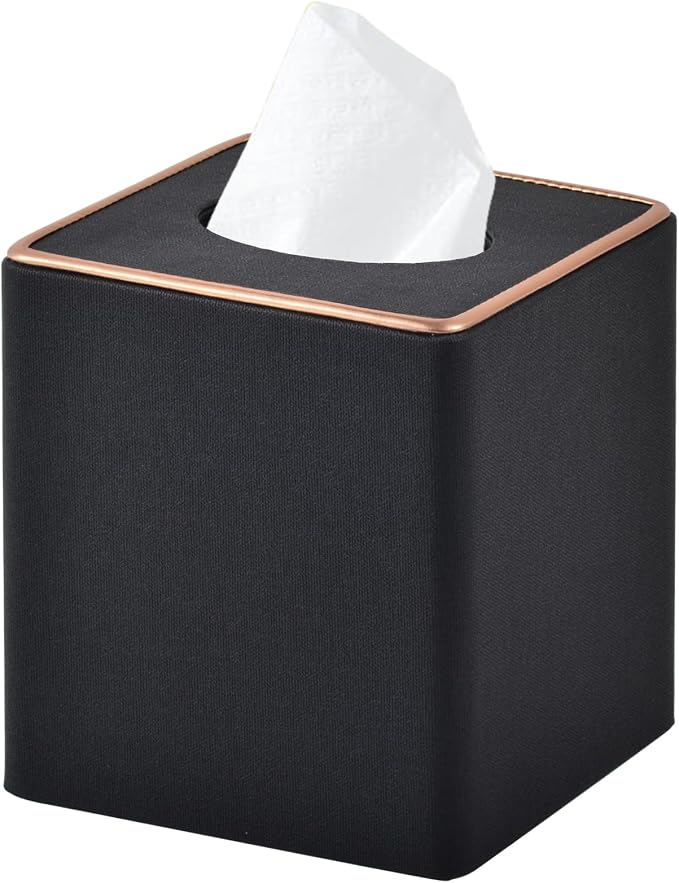Linen Square Tissue Box Cover,Cube Tissue Box Holder－Excellent Rosegold Leather Decoration,Table Napkin Case Dispenser,Facial Tissues Organizer with Magnetic Bottom for Home Office Car(Black)