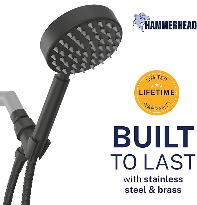 HammerHead Showers® Solid Metal Handheld Shower Head with Hose and Brass Holder - MATTE BLACK - 2.5 GPM High Pressure Shower Heads with Adjustable Shower Wand Bracket - 6ft Flexible Extension