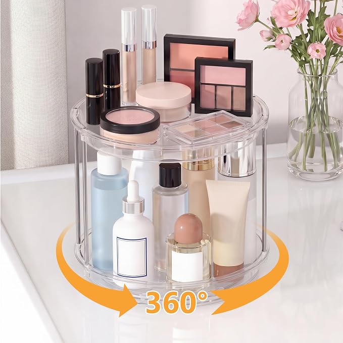 Rotating Makeup Organizer for Vanity, Skincare Holder with 2 Tier Tray | Spinning Bathroom Counter Organizer with Easy Assembly & Non-Slip Base, Stable Vanity Tray for Perfume, Cosmetics, Hair Care