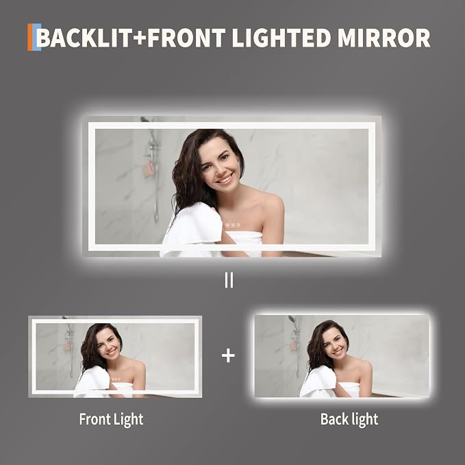 Large LED Bathroom Mirror 60x36 Inch - Frontlit & Backlit Frameless Wall Vanity Mirror with Stepless Dimming, Adjustable Color Temp, Anti-Fog Defogger, Smart Memory & 3X Suction Mirror, Sha