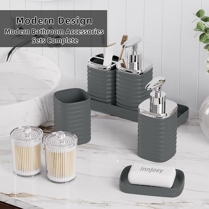 Bathroom Set - 10PC Bathroom Accessory Set, Grey Bathroom Set, Luxury Bathroom Accessories Set, Trash Can, Toilet Brush, Soap Dish, Qtip Holder & Soap Dispenser