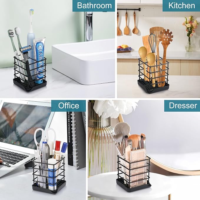 Toothbrush Holders for Bathroom,Black,Stainless Steel,Detachable,Tray,3 Slot
