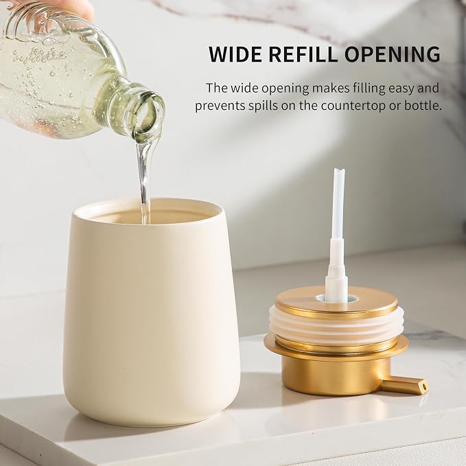 Enra Gold Ceramic Soap Dispenser, Hand Soap Dispenser for Bathroom | 12oz Premium Ceramic Body with Wide-Mouth Refill Design. Elegant Style Enhances Countertops, Kitchens and Home Decor.
