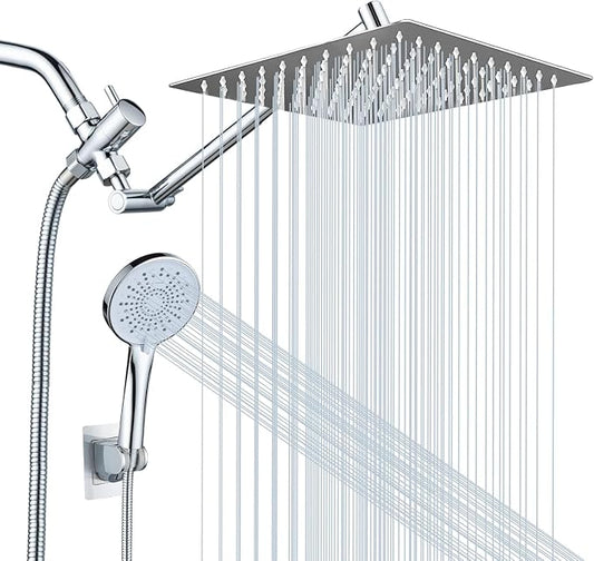 Peicuai Shower Head Combo, 10 Inch High Pressure Rain Shower Head with 11 Inch Adjustable Extension Arm, 5-Setting Handheld Shower with Long Hose, Powerful Spray for Low Water Pressure