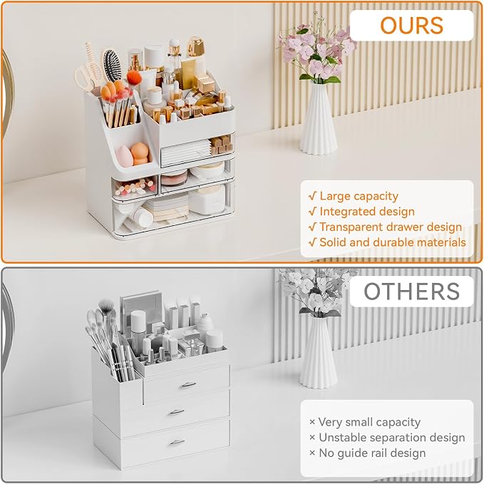 White Makeup Organizer Countertop With 4 Drawers,Large Cosmetics Storage Organizer for Brush,Hair Products,Plastic Makeup Holders and Beauty Skincare Organizers for Bathroom,Vanity,Dresser Top