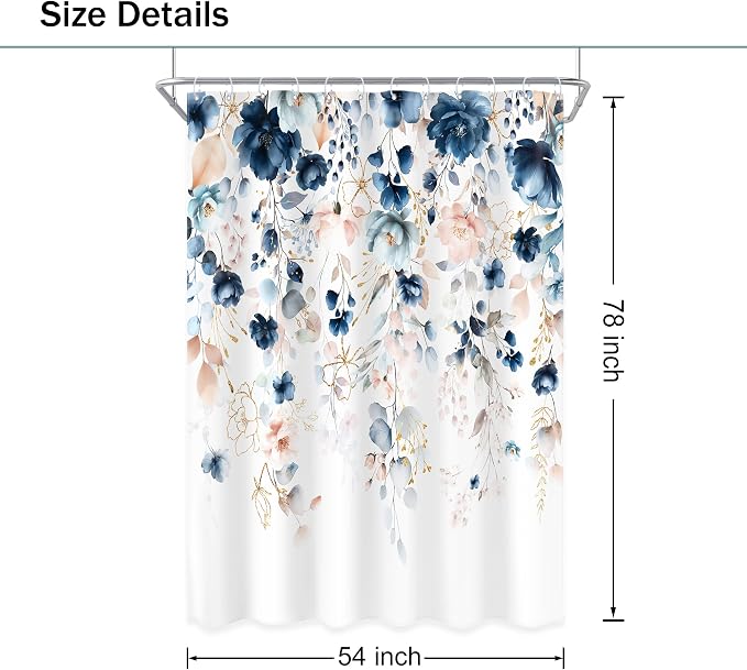 Small Stall Flower Blue Pink Spring Bathroom Shower Curtain Set | 54"W x 78"L Floral Wilfflower design with waterproof HD artwork, quick-dry fabric and hooks for easy hanging.