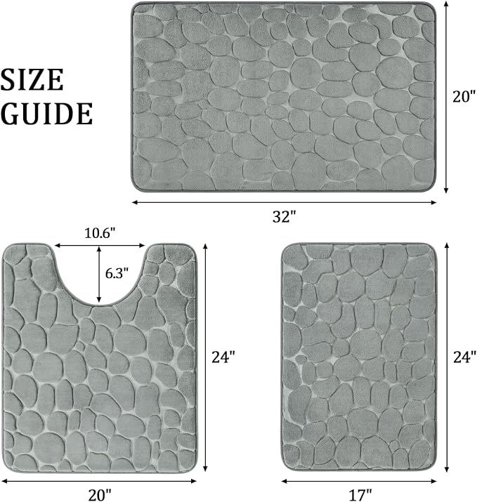 Bathroom Rugs Mat Set, Memory Foam Bath Mat 3 Piece Gray | U Shape+Small Mat, Non Slip, Water Absorbent, Washable, Bath Mat For Bathroom, Sink and Toilet