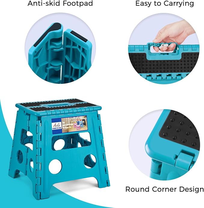 ACKO 13" Folding Step Stool, Non-Slip Surface for Adults & Kids, Dot Blue | Collapsible Heavy Duty Foldable Stools, Portable Foot Stepping Stool Holds 300 lbs, Kitchen Bathroom Outdoor, with Handle