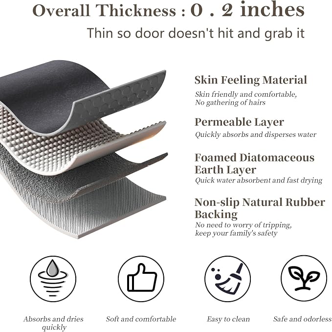 Diatomaceous Earth Bath Mat Stone Bath Mats for Bathroom,17"x32",Dark Grey | Non Slip Rubber Backed Quick Dry Super Absorbent Diatomaceous Earth Bath Mat Low Pile Thin Diatomite Bathroom Mat for Floors