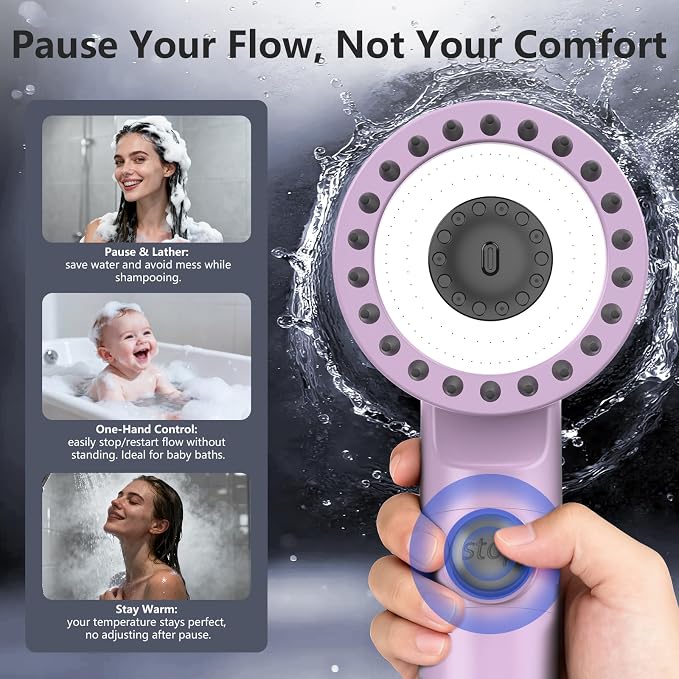 Filtered Shower Head with Handheld, High Pressure Water Flow and Multiple Spray Modes Shower Head with Filter, Power Wash for Hard Water, Showerhead with ON/OFF Switch for Pets Bath (Purple) | ON/OFF Switch,4 Spray,Built-in Power Wash,Detachable Shower...