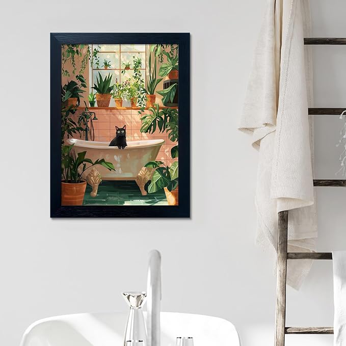 Framed Funny Bathroom Wall Decor Green Plant Picture Painting Modern Bathroom Wall Art Bath Black Cat Canvas Print Poster Animal Bathtube Artwork Maximalist Restroom Decor