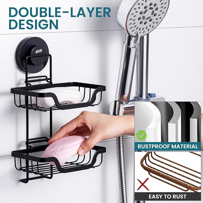 TAILI Soap Holder, Soap Dish Suction Cup with Hooks, Stainless Steel (Light Black) | Soap Dish for Shower, Bathroom Bar soap holder Shower Wall, Stainless Steel Sponge Holder for Tub Kitchen, Black