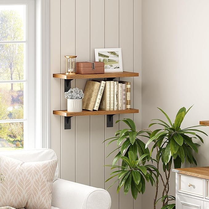 HOOBRO Floating Shelves for Wall, 15.7" Wall Mounted Shelves Set of 2, Hanging Storage Shelf with Metal Brackets, Wooden Shelf for Living Room, Bedroom, Bathroom, Rustic Brown and Black BF42BJP201G1