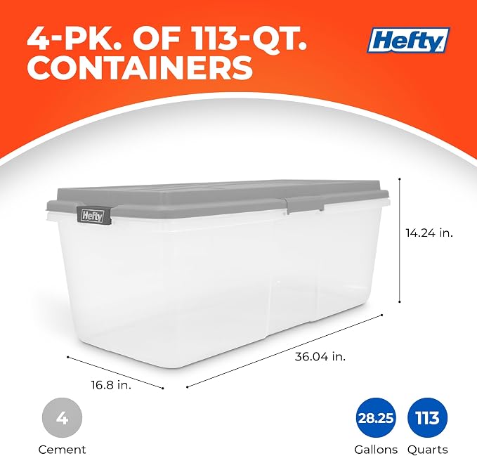Hefty 113 Qt Hi-Rise Storage Bin with Lid, Stackable Plastic Storage Container, Organizer for Home, Garage & Closet, 4 Pack, Gray