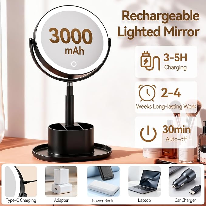 20X Magnifying Mirror with Lights and Storage, Double Sided Vanity Mirror | Rechargeable Makeup Mirror, 3 Color Lighting, Fast Charge and Long-lasting Work, Height Adjustable, Memory Function, Black