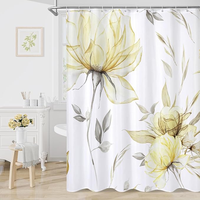 Litabel Yellow Boho Watercolor Floral Shower Curtain, Ink Painting Style Blossom & Leaf Shower Curtains for Chic Elegant Bathroom, Artistic Fabric Cloth Modern Flower Shower Curtain, 72x72