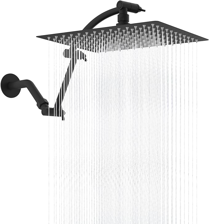 Hibbent All Metal 12'' Rain Shower Head, 16'' Extension Arm, Matte Black | cUPC Certified High Pressure Rainfall Showerhead with Solid Brass Adjustable Shower Head Extension Arm, Fixed Showerheads