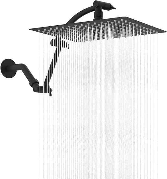 Hibbent All Metal 12'' Rain Shower Head, 16'' Extension Arm, Matte Black | cUPC Certified High Pressure Rainfall Showerhead with Solid Brass Adjustable Shower Head Extension Arm, Fixed Showerheads