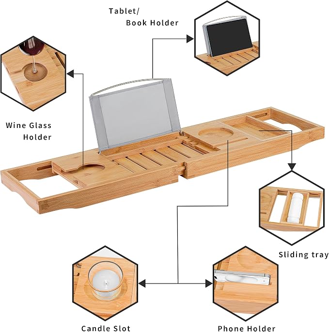 Utoplike Bamboo Bathtub Caddy Tray for Tub, Adjustable Bath Table | Bathroom Organizer with Book Tablet, Wine Glass Cup, Towel Holder
