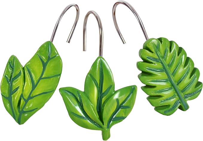 12-Piece Green Leaves Leaf Shower Curtain Hooks for Bathroom | Decorative Shower Curtain Hooks, Stainless Steel Shower Hangers Rings