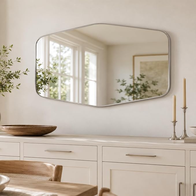 Brushed Nickel Tapered Rectangle Bathroom Mirror, 24x36 Inch | Aluminum alloy frame, tempered glass, two-way keyhole mount, for bedroom, hallway, console