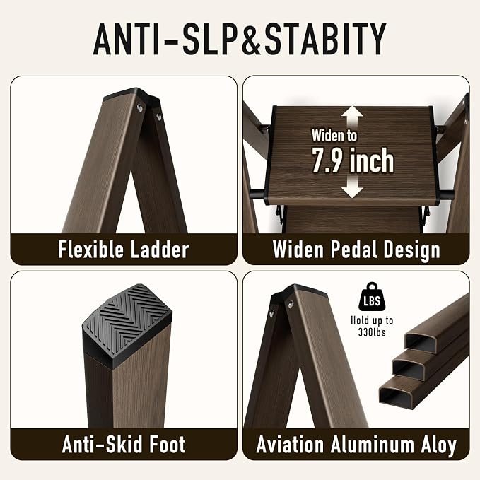 Mayi Plus 2 Step Stool Foldable, Aluminum, Lightweight Step Ladder | Extra-wide anti-slip folding steps with 330 lbs, for home,kitchen,office,outdoor,Walnut
