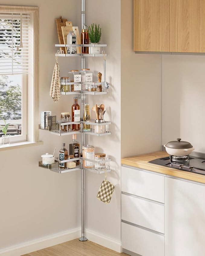 Corner Shower Caddy Tension Pole, 25.7-109.1in Adjustable Shower Shelves, Rust-Resistant Shower Organizer, No-Drill 3-Step Installation, Bathroom Shelves for Renters & Family, Silver