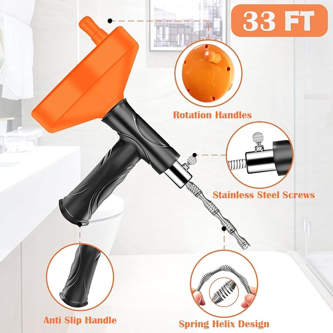 Drain Snake Auger, 33 FT Plumbing Snake Drain Hair Clog Removal Tool, Sink Unclogger Drain, Heavy Duty Snake Auger, Cleaner Tool for Bathroom Kitchen Tub Shower Drain Clog Remover with Gloves