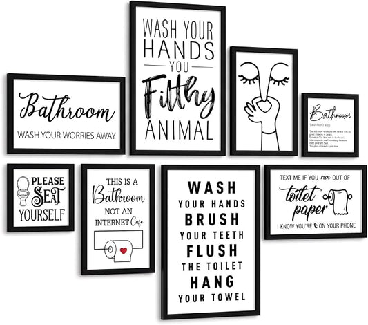 Faccito 8 Set Bathroom Wall Decor Funny Blacl and White Quotes Bathroom Wall Art Interesting Bad Smell Humorous Toilet Wooden Decoration Fun Wallart Signs Toilet Decor for Washroom