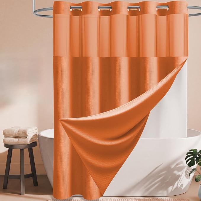 Burnt Orange Hook Free Waffle Shower Curtain & Snap-in Liner,72x75 | Less Time to install, 3 in 1 Fabric Shower Curtain and Liner Set with Magnets, Mesh Top Window, Shower Curtains for Bathroom