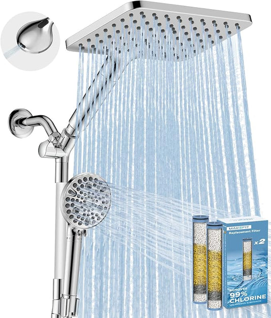 MakeFit Dual Filtered Rain Shower Head Combo, High Pressure Handheld Shower Head with Adjustable Bar - Rainfall Shower Head And Showerhead with Filter for Hard Water - Removes Chlorine