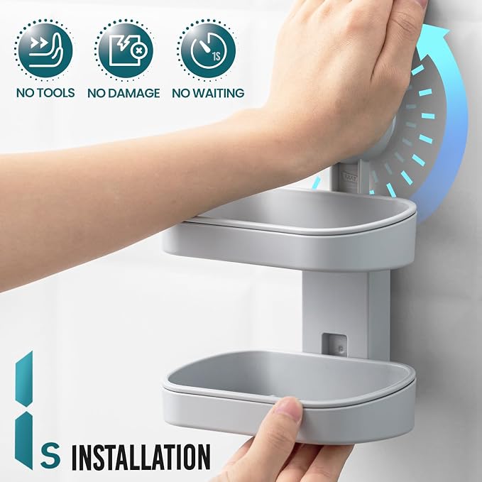 TAILI Soap Holder, Soap Dish for Shower Suction Cup, Bar Soap Holder, Grey | 2 Layer Removable Soap Holder Shower, Soap Tray for Shower Wall, Drill Free Sponge Holder, Bathroom & Kitchen, No drill