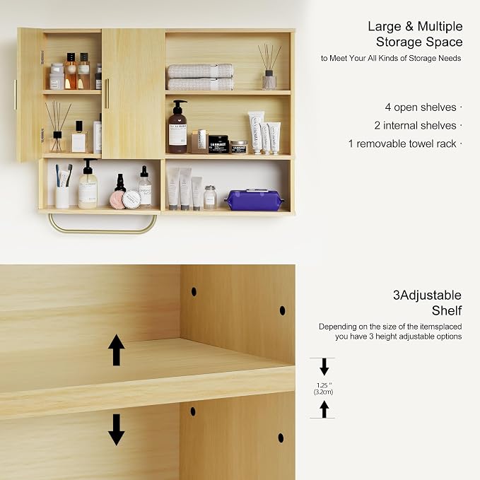 Bathroom Wall Cabinet Wood Large Wall Mounted Medicine Cabinet with 2 Doors and 4 Open Shelves Over Toilet Storage Cabinet Organizer with Towel Bar,Wood