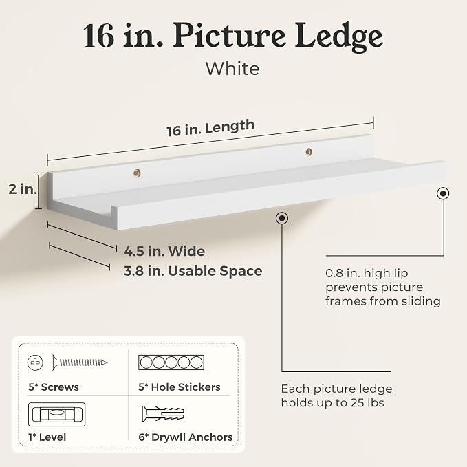 White Picture Ledge Shelves for Wall, 4.5" Deep Wood Floating Shelves with Lip for Bedroom, Living Room, 16" Width, Color White Set of 2