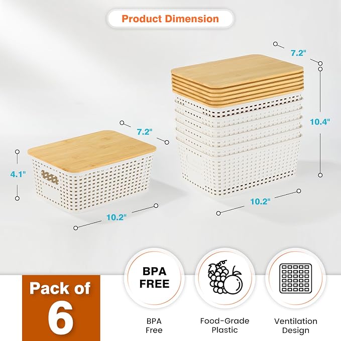 Ohmlove Plastic Storage Baskets With Bamboo Lid - Plastic Storage Containers Stackable Storage bins: Storage Baskets for Organizing Shelves Drawers Desktop Closet Playroom Classroom Office, 6 Pack