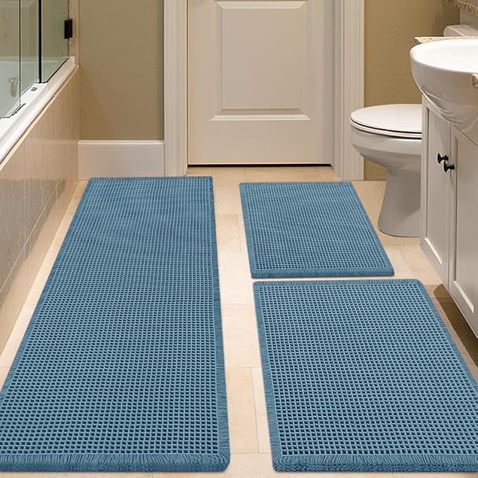 Waffle Bath Mat Set 3 Piece Blue,Woven Modern Bath Rug Mats, Absorbent Non Slip Bath Floor Mat, Soft Washable Boho Bath Rugs with Tassels for Bathroom, Bedroom, Kitchen, Tub