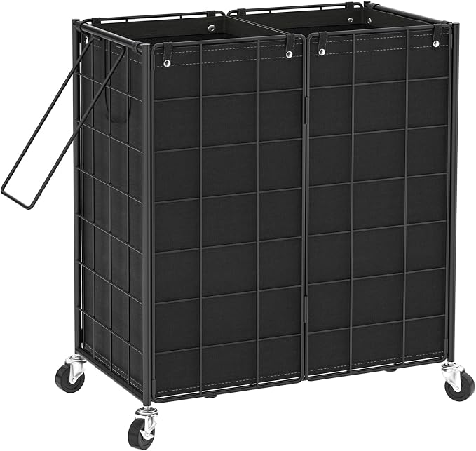 WOWLIVE Double Laundry Hamper with Wheels, Metal Rolling Laundry Basket | Wire Frame Hamper with 2 Removable Bags, 120L Dirty Clothes Hamper Organizer Dorm Room Storage for Bedroom, Black