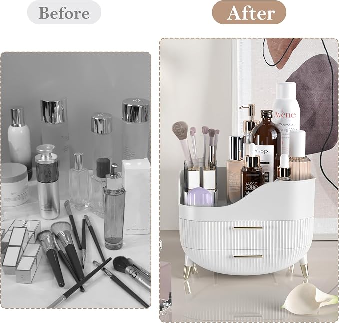 Makeup Organizer for Vanity, Large Capacity Skincare Organizer Countertop | Cosmetics Organizer with 2 Drawes, Cosmetic Display Cases Makeup Storage Box for Bedroom, Bathroom, Gifts for Women(White)